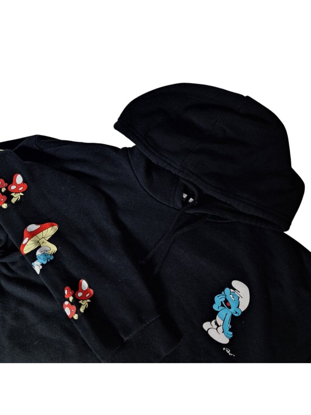 The Smurfs Graphic Pullover Hoodie Black Sleeve Mushroom Print Men Size Medium